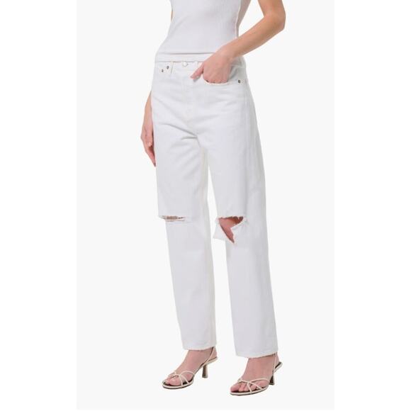 Agolde Denim - AGOLDE white distressed '90s Ripped mid rise relaxed straight leg denim jeans